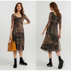 Desigual Womens Chiffon Patchwork Kerala Dress XL 3/4 Sleeve Stevie Nicks Vibes